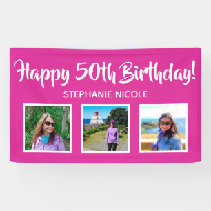 Happy 50th Birthday Pink Personalised 3 Photos Banner