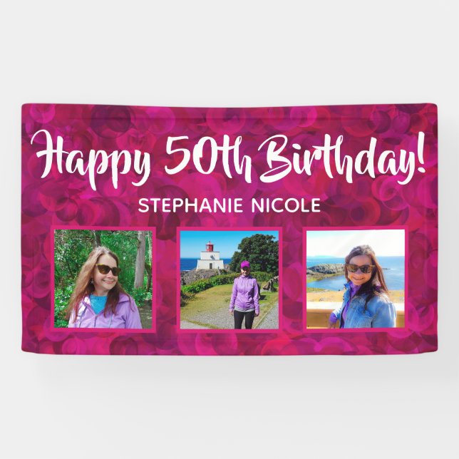 Happy 50th Birthday Pink Personalised Photos Banner (Horizontal)