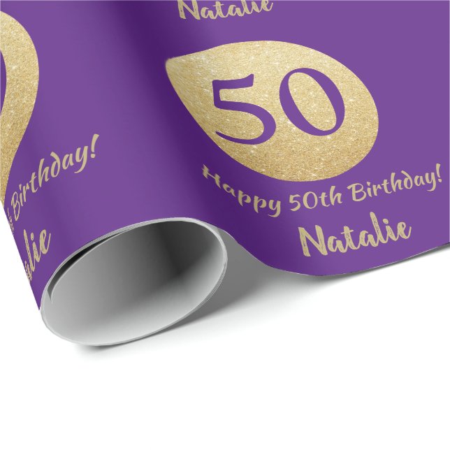 Happy 50th Birthday Purple and Gold Glitter Wrapping Paper (Roll Corner)