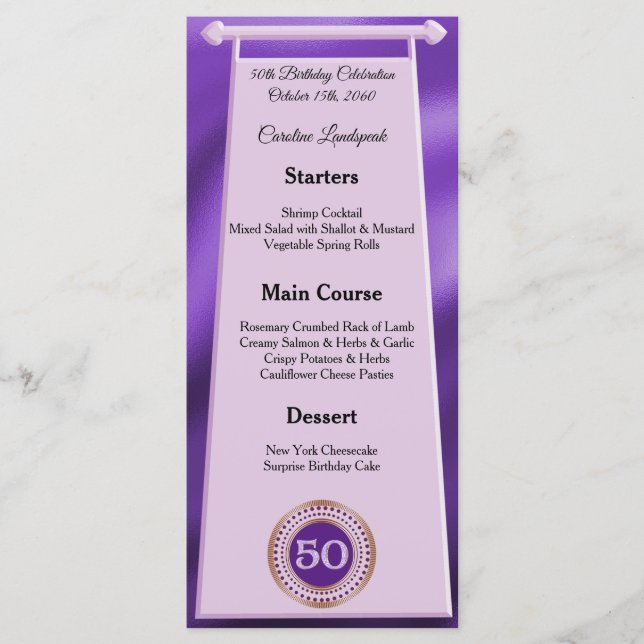 Happy 50th Birthday Purple Glitter Foil Menu (Front)