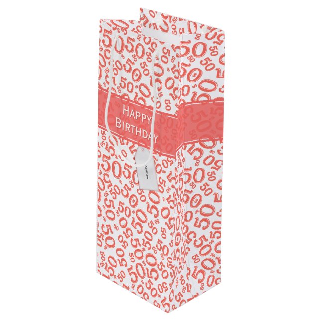 Happy 50th Birthday Random Number Pattern Coral Wine Gift Bag (Front Angled)