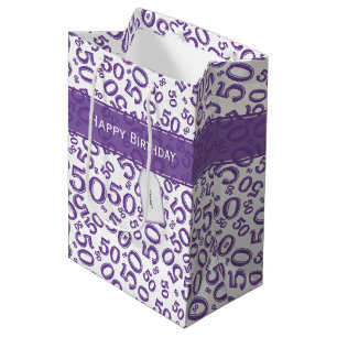 Happy 50th Birthday Random Pattern Purple/White Medium Gift Bag