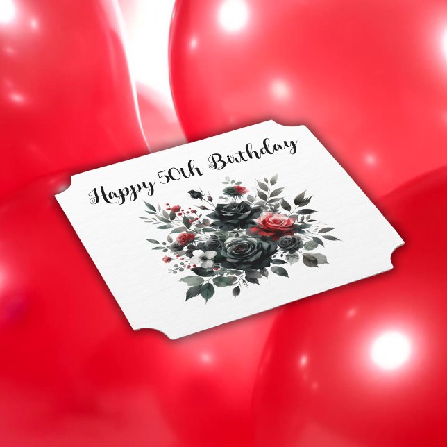 Happy 50th Birthday Red and Black Roses | Paper Coaster (Creator Uploaded)
