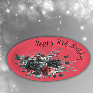 Happy 50th Birthday Red and Black Roses   Paper Plate