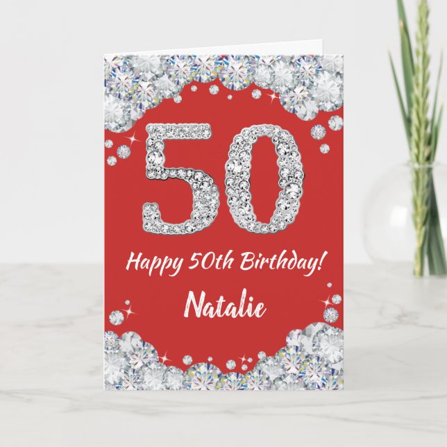 Happy 50th Birthday Red and Silver Glitter Card (Front)