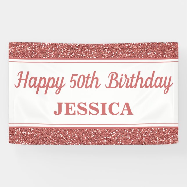 Happy 50th Birthday Rose Gold Glitter Banner (Horizontal)