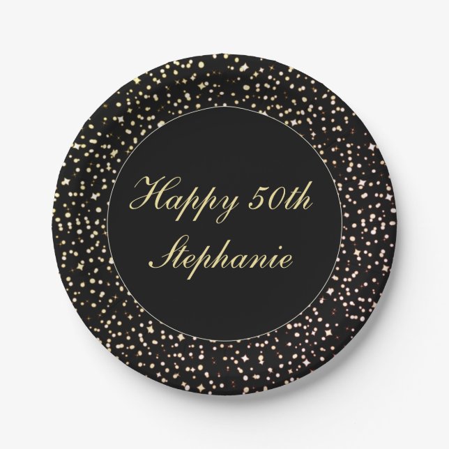 Happy 50th Birthday Sparkle Confetti Black Gold Paper Plate (Front)