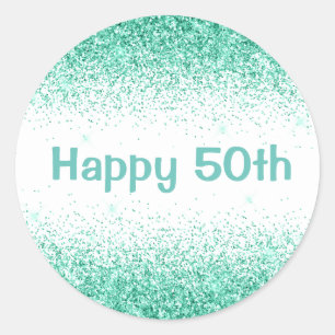 Happy 50th Glam Green Glitter Elegant Typography Classic Round Sticker