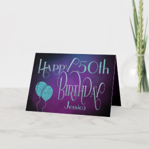 Happy 50th Name Purple Teal Mystical Birthday Card