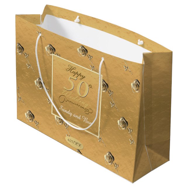 "Happy 50th Wedding Anniversary" 3D Roses Golden Large Gift Bag (Back Angled)