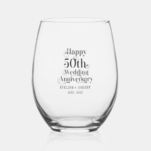 Happy 50th Wedding Anniversary Black Typography Stemless Wine Glass