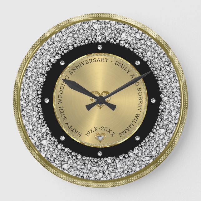 Happy 50th wedding universally diamonds and gold large clock (Front)