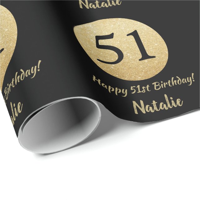 Happy 51st Birthday Black and Gold Glitter Wrapping Paper (Roll Corner)