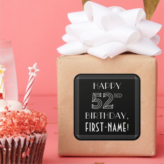 HAPPY 52ND BIRTHDAY; Art Deco Style; Custom Name Square Sticker (Party)