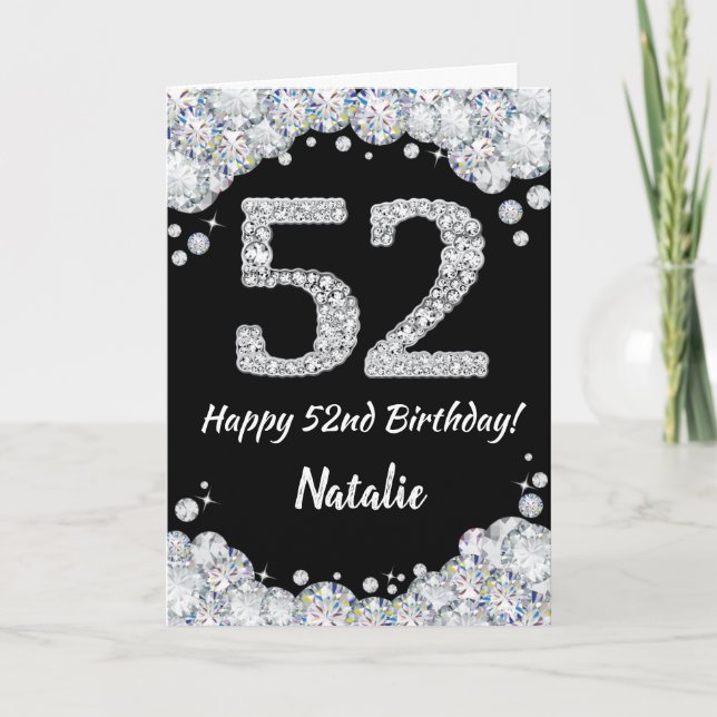 Happy 52nd Birthday Black and Silver Glitter Card (Front)