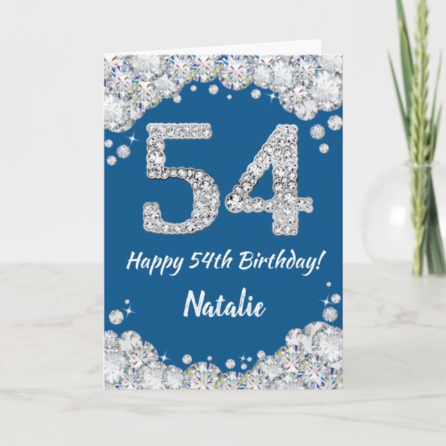 Happy 54th Birthday Blue and Silver Glitter Card (Front)