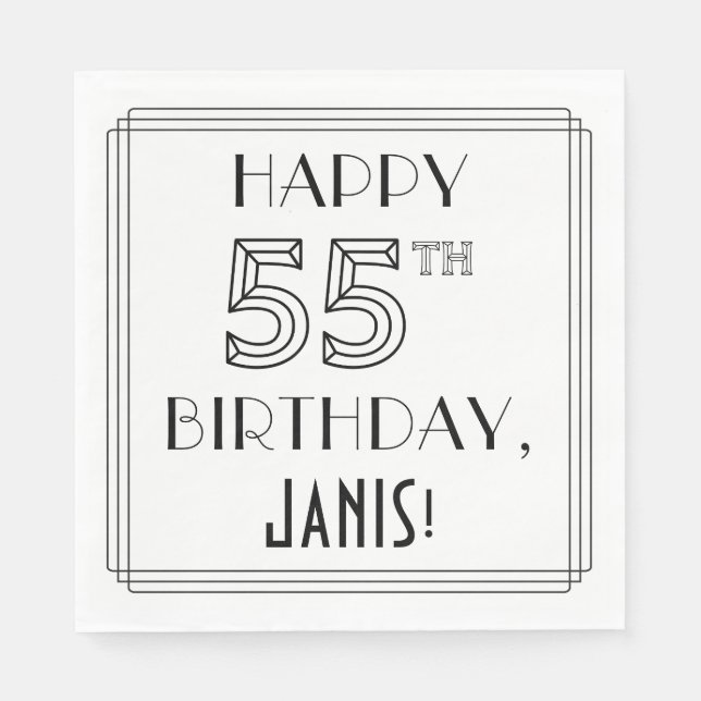 HAPPY 55TH BIRTHDAY; Art Deco Style; Custom Name Napkin (Front)