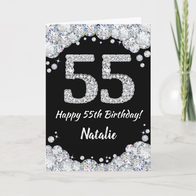 Happy 55th Birthday Black and Silver Glitter Card (Front)