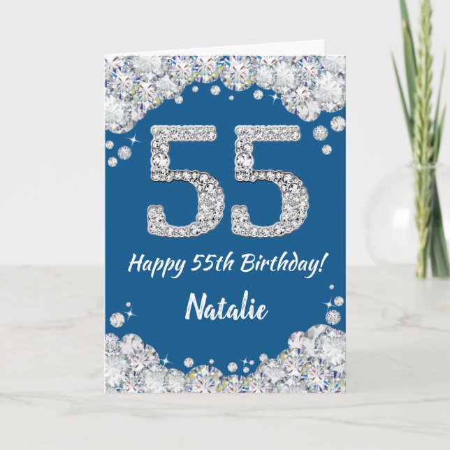 Happy 55th Birthday Blue and Silver Glitter Card (Front)