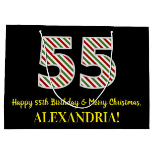 Happy 55th Birthday & Merry Christmas, Custom Name Large Gift Bag