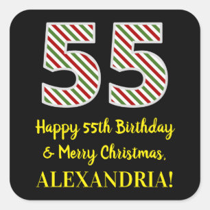 Happy 55th Birthday & Merry Christmas, Custom Name Square Sticker