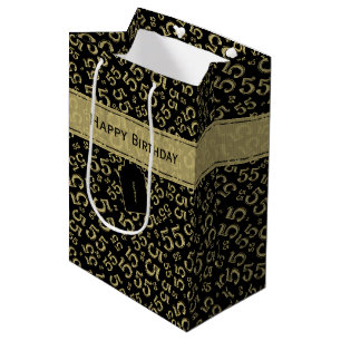 Happy 55th Birthday Number Pattern Black/Gold Medium Gift Bag