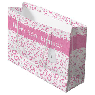 Happy 55th Birthday Party Pattern Pink and White Large Gift Bag