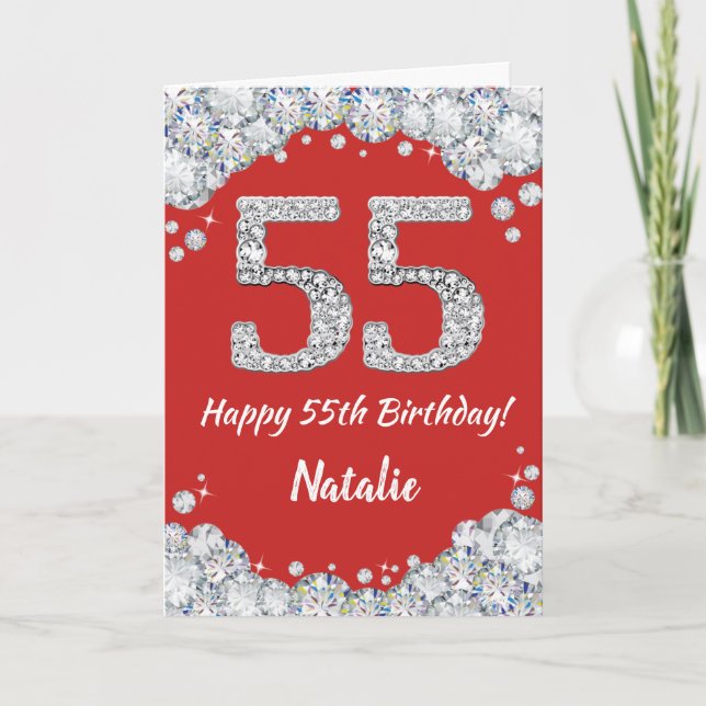 Happy 55th Birthday Red and Silver Glitter Card (Front)