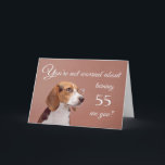Happy 55th birthday, worried beagle card<br><div class="desc">Humorous birthday card featuring a cute beagle wearing glasses,  who is not at all worried about the birthday person any getting older. After all,  in dog years,  they'd be their age times 7! Designed by Rycky Creations; lab photo courtesy of PhotoRack.</div>