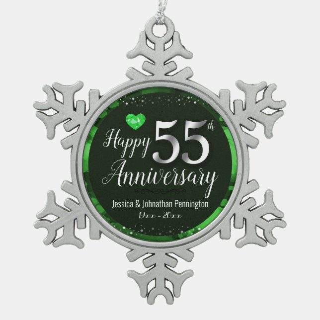 Happy 55th Wedding Anniversary Snowflake Pewter Christmas Ornament (Front)