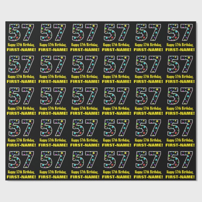 Happy 57th Birthday, Fun Colourful Stars Pattern 5 Wrapping Paper (Flat)