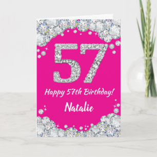 Happy 57th Birthday Hot Pink and Silver Glitter Card