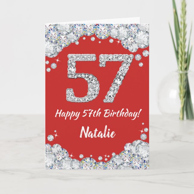 Happy 57th Birthday Red and Silver Glitter Card (Front)