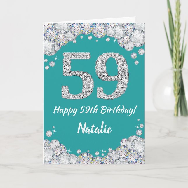 Happy 59th Birthday Teal and Silver Glitter Card (Front)