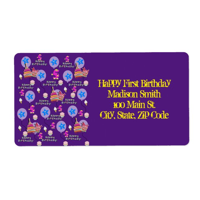 Happy 5th Birthday Address Labels, Yellow & Purple (Front)