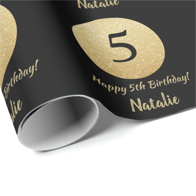 Happy 5th Birthday Black and Gold Glitter Wrapping Paper (Roll Corner)