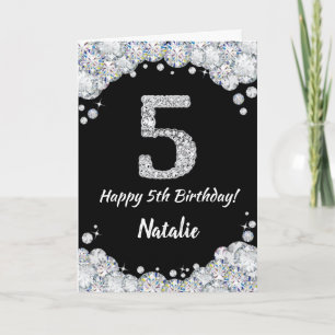 Happy 5th Birthday Black and Silver Glitter Card