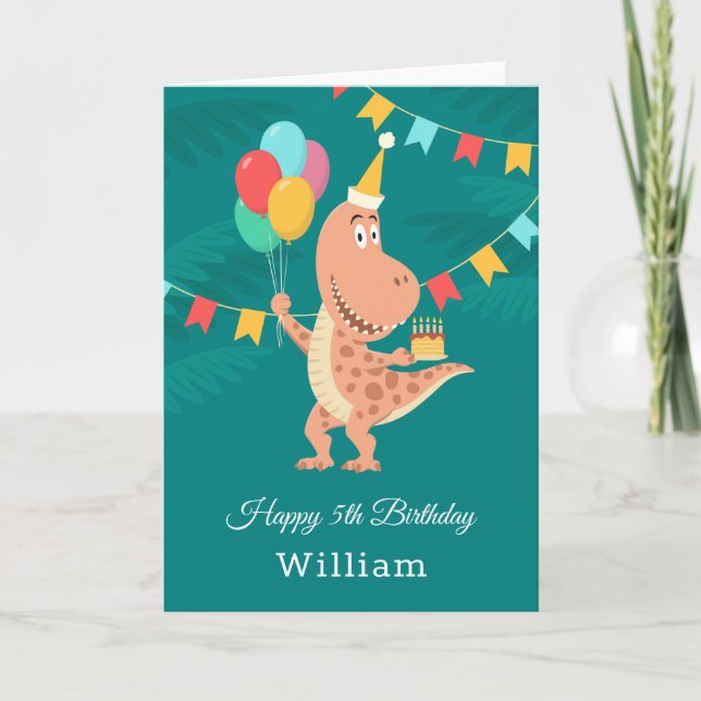 Happy 5th Birthday Cake Balloon Cute Dinosaur Card (Front)
