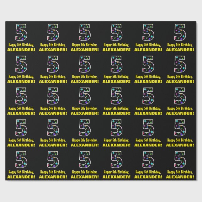 Happy 5th Birthday, Fun Colourful Stars Pattern 5 Wrapping Paper (Flat)