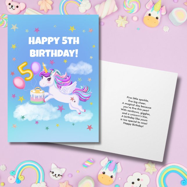 Happy 5th Birthday Unicorn with Birthday Cake Card (Creator Uploaded)