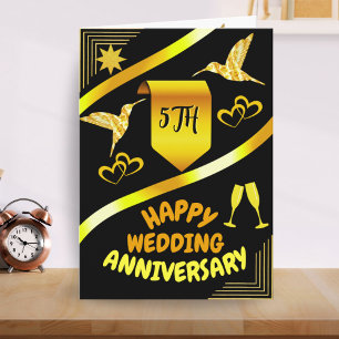 Happy 5th Wedding Anniversary Black & Gold Modern  Card