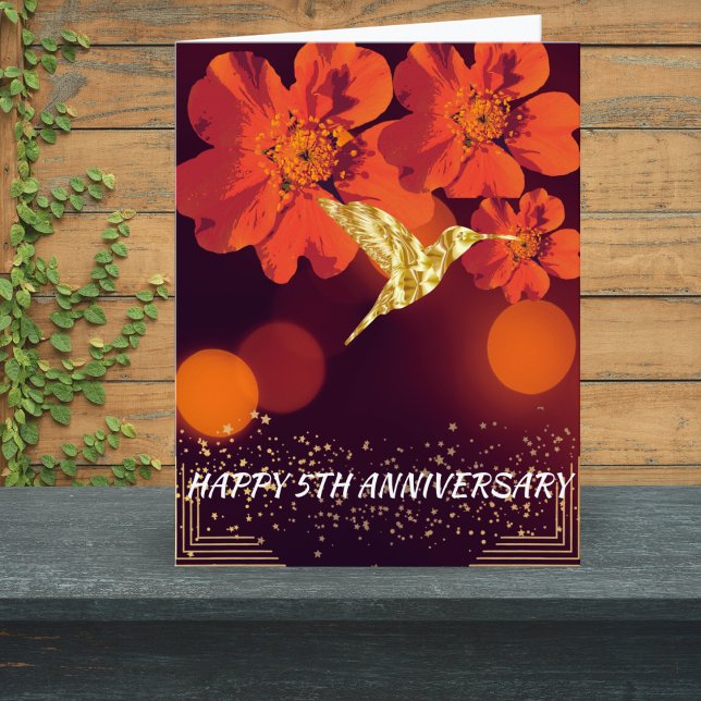 Happy 5th Wedding Anniversary Orange Flowers Bird Card (Creator Uploaded)