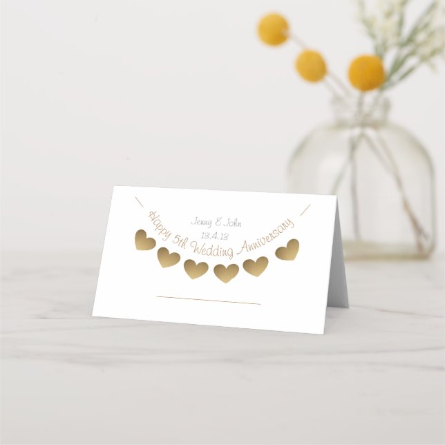 Happy 5th Wedding Anniversary, wood heart bunting Place Card (Front)
