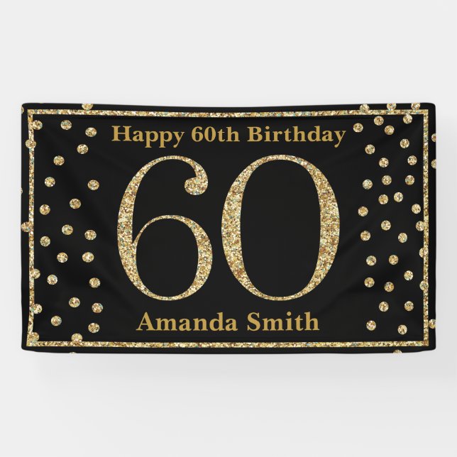 Happy 60th Birthday Banner Black and Gold Glitter (Horizontal)
