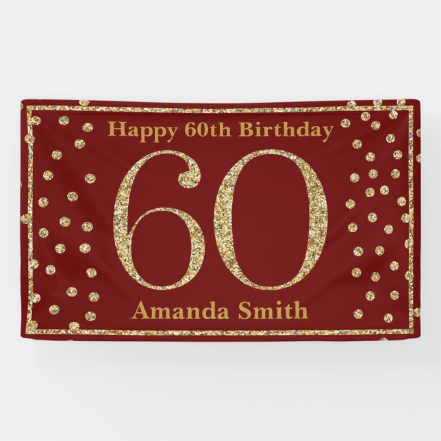 Happy 60th Birthday Banner Burgundy Red Gold (Horizontal)