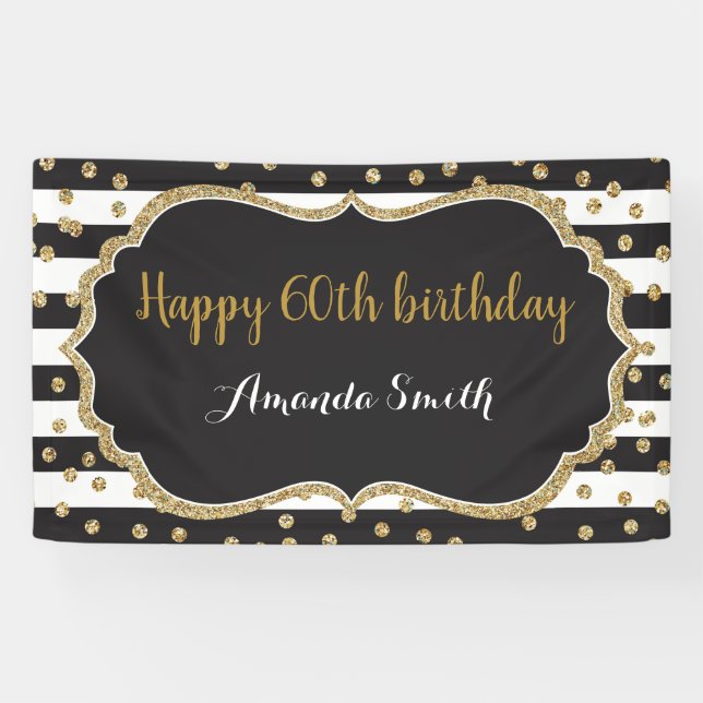 Happy 60th Birthday Banner. Gold Glitter Confetti Banner (Horizontal)