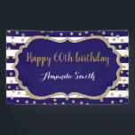 Happy 60th Birthday Banner. Navy Blue Gold Glitter Banner<br><div class="desc">Happy 60th Birthday Banner for women or man. Navy Blue and Gold Birthday Party Banner. Gold Glitter Confetti. Black and White Stripes. Printable Digital. For further customisation,  please click the "Customise it" button and use our design tool to modify this template.</div>