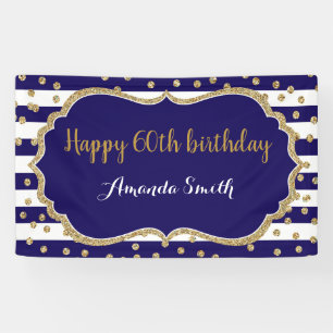 Happy 60th Birthday Banner. Navy Blue Gold Glitter Banner