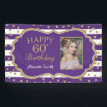 Happy 60th Birthday Banner Purple Gold Photo<br><div class="desc">Happy 60th Birthday Banner for women or man. Purple and Gold Birthday Party Banner. Gold Glitter Confetti. Black and White Stripes. Printable Digital. For further customisation,  please click the "Customise it" button and use our design tool to modify this template.</div>