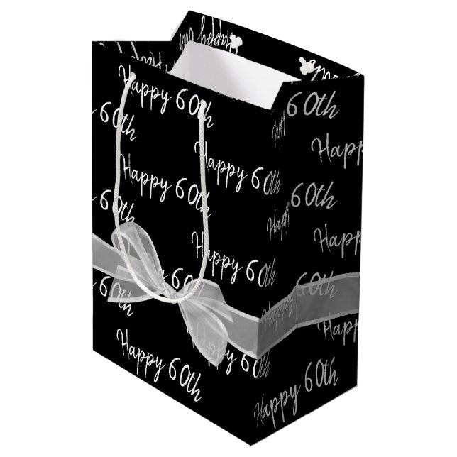Happy 60th Birthday Bow On Black Medium Gift Bag (Back Angled)